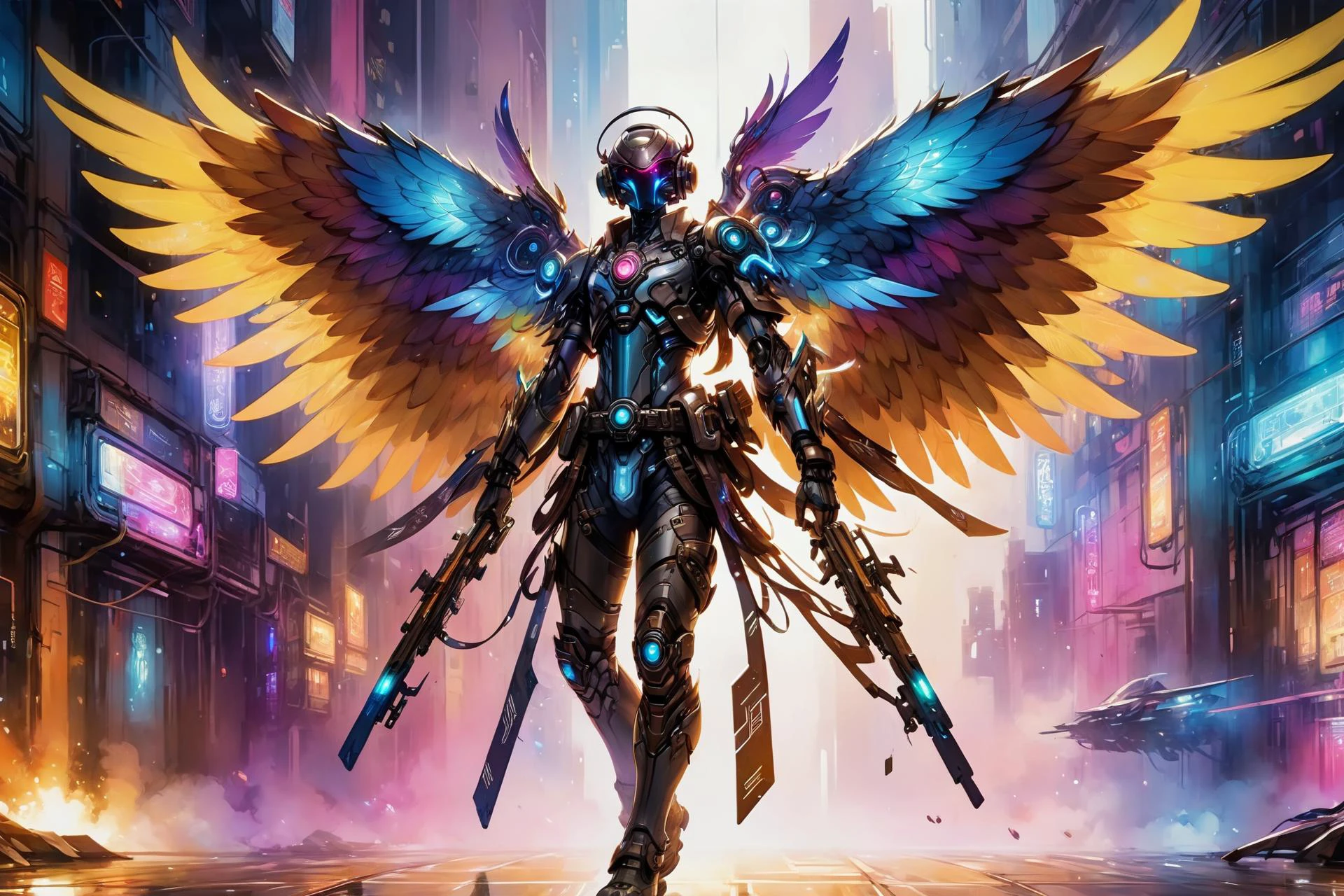 <lora:Retro_Illustration:0.7> 2d game scene, oil and watercolor painting, ral-dreamguardian <lora:ral-dreamguardian-sdxl:1> <lora:add-detail-xl:1> cyberpunk wings armor, (masterpiece:1.2), best quality