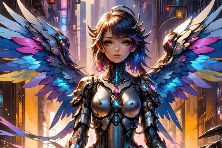 <lora:Retro_Illustration:0.7> 2d game scene, oil and watercolor painting, ral-dreamguardian <lora:ral-dreamguardian-sdxl:1>  <lora:add-detail-xl:1> cyberpunk girl, metallic wings, leather armor, (masterpiece:1.2), best quality