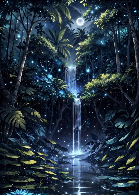 detailed background, tropical forest, vibrant colors of foliage, moonlight, blue light, scenery, no people, Firefly, Particles, roots, blue water lily,