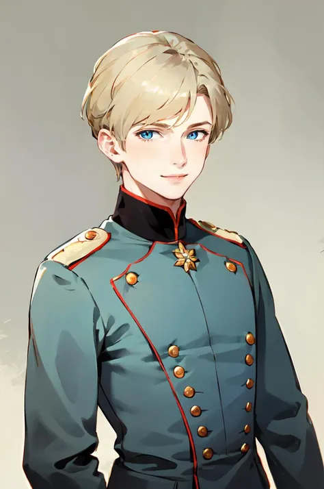<lora:uhlan tunic:0.7> uhlan tunic,, ultra detailed, masterpiece, best quality,, solo, smile, 1boy, blue eyes, medium blonde hair, parted bangs, hair intakes, male focus, muscular male,