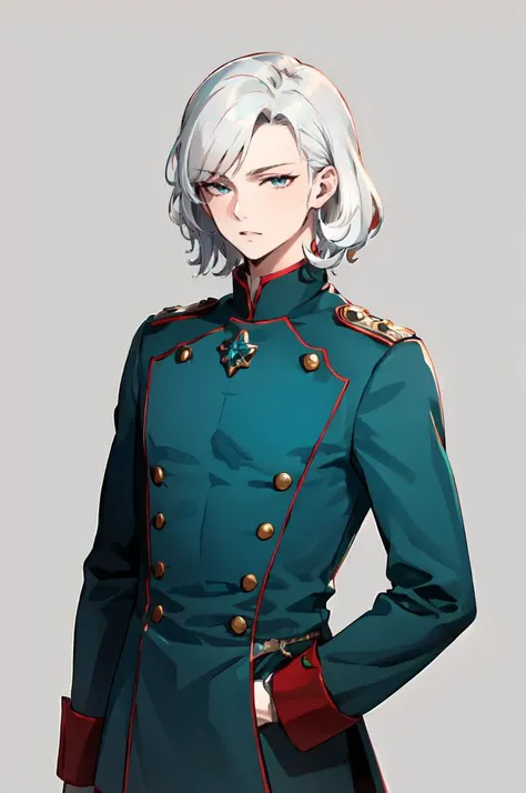 <lora:uhlan tunic:0.7> uhlan tunic,, ultra detailed, masterpiece, best quality,, solo, 1boy, teal eyes, <lora:Tsurime3:1>, (tsurime:1.2), parted bangs, white hair, medium hair, straight hair, shoulder-length hair, male focus,