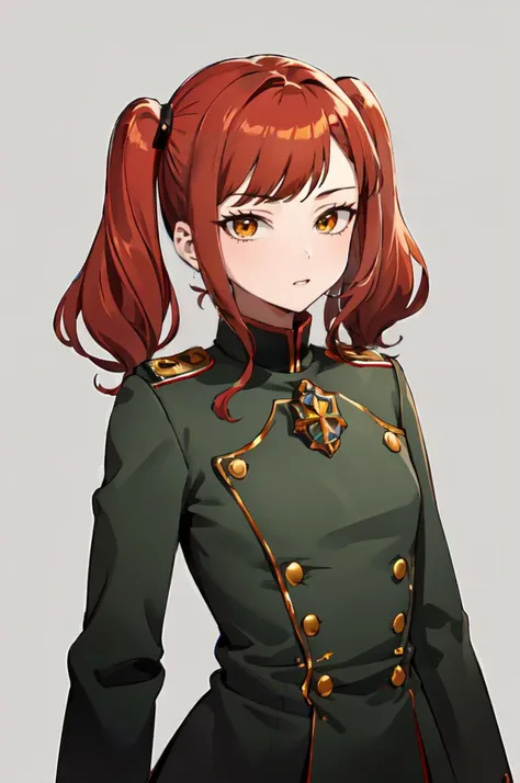 <lora:uhlan tunic:0.7> uhlan tunic,, ultra detailed, masterpiece, best quality,, solo, 1girl, red hair, (orange eyes:0.5), (amber eyes:1.3), swept bangs, parted bangs, medium hair, small breasts, <lora:Tsurime3:1>, (tsurime:1.2), (low twintails:1.35),