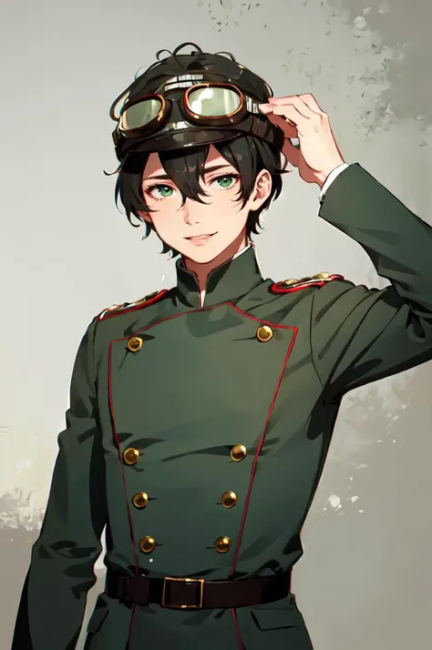 <lora:uhlan tunic:0.7> uhlan tunic, pilot helmet, (goggles on head:1.3),, ultra detailed, masterpiece, best quality,, ultra detailed, masterpiece, best quality, solo, smile, 1boy, green eyes, short hair, black hair, bangs, hair between eyes, messy hair, goggles on head,