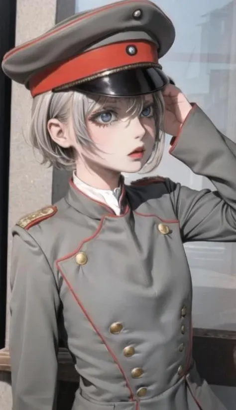 best quality, 1girl, solo, <lora:tunic1.1:0.8>, uhlan tunic, military, <lora:add_detail:1>, small breasts, short grey hair, ((tomboy)), empty eyes, <lora:tanyadegurechaffTest:0.0>, tanyadegurechaff, <lora:tanya_128dim:0.8>