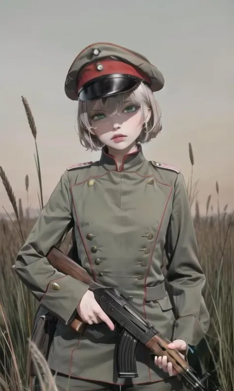 best quality, 1girl, solo, <lora:tunic1.1:0.8>, uhlan tunic, military,, small breasts, short grey hair, ((tomboy)), empty eyes, grass on background, holding weapon, holding rifle, aiming at viewer, green eyes, gun, AK-47, AKM, kalashnikov_rifle, assault_rifle, rifle, open fire, firing, <lora:bettergunAK47WIP_betaWIP:0.6> <lora:add_detail:0.5>
