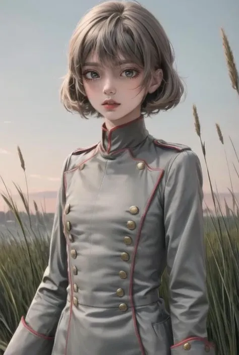 best quality, 1girl, solo, <lora:tunic1.1:0.8>, uhlan tunic, military, <lora:add_detail:1>, small breasts, short grey hair, ((tomboy)), empty eyes, grass on background