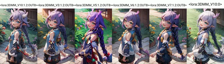 1girl,
(small girl:1.1), solo, smile, :d, smug,
smile, from side,
bailu,twin braids, (dragon tail:1.0), detached sleeves fur trim chinese clothes yellow tassel, dragon horns,
outdoor, rural style, <lora:bailuHonkaiStarRail0:1>
<lora:3DMM_V10:1.2:OUT8>