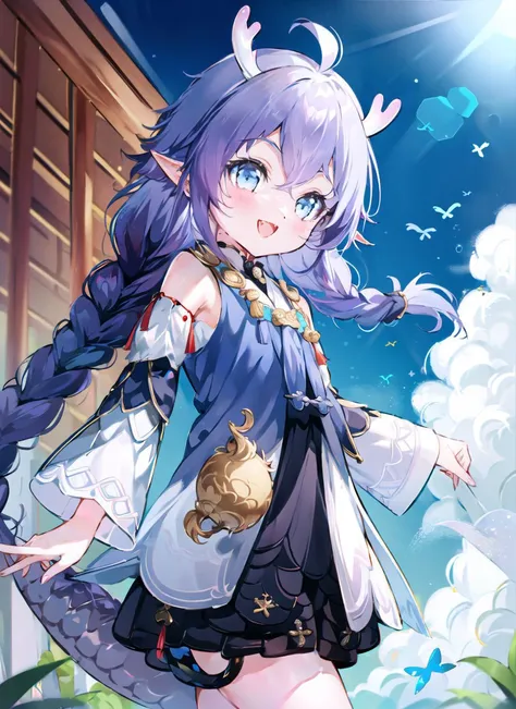 (small girl:1.1), solo, smile, :d, smug,
smile, from side,
bailu,twin braids, (dragon tail:1.0), detached sleeves fur trim chinese clothes yellow tassel, dragon horns,
outdoor, rural style, <lora:bailuHonkaiStarRail0:1> 
butterflies, birds
<lora:meryArtStyleLora_v10:1:OUT8>