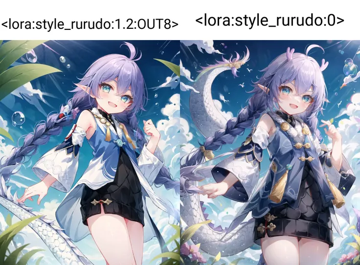 (:1.1), solo, smile, :d, smug,
smile,
bailu,twin braids, (dragon tail:1.0), detached sleeves fur trim chinese clothes yellow tassel, dragon horns,
outdoor, rural style, <lora:bailuHonkaiStarRail0:1>
<lora:add_detail:0.2><lora:style_rurudo:1.2:OUT8>