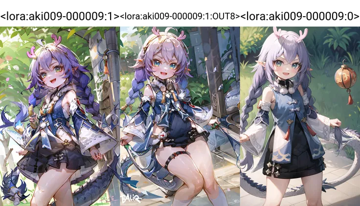 (small girl:1.1), solo, smile, :d, smug, smile,
bailu,twin braids, (dragon tail:1.0), detached sleeves fur trim chinese clothes yellow tassel, dragon horns,
outdoor, rural style, <lora:bailuHonkaiStarRail0:1>
<lora:aki009-000009:1>