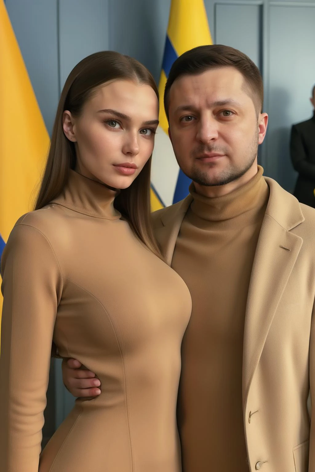 candid photograph of (woman and man together) Al3n4Kryuk0v4_HM-135 wearing a turtleneck sweater and fur jacket ((embracing)) Ukrainian President<lora:Zelenskyy2:0.7>zelenskyy,(3/4 shot),(slight smirk),Kilo class submarine in the background,Ukrainian flag,(blue and yellow flag),((Kyiv))