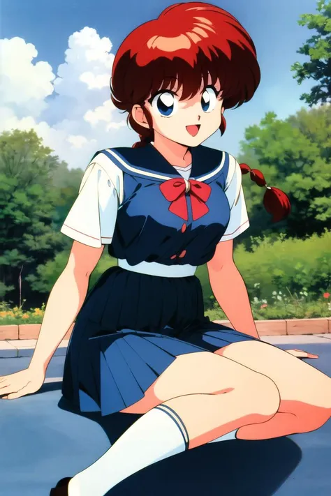 masterpiece,best quality,highres,<lora:RanmaChanV2:0.7>,RanmaChan,single_braid,medium breasts,1980s \(style\),fuurinkan high school uniform,school,happy,outdoors,<lora:GoodHands-beta2:1>,