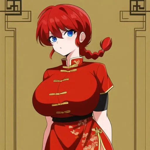 masterpiece, best_quality, highres, RanmaChan, red_hair, (single_braid), blue_eyes, big_breasts, standing, chinese_clothes, <lora:RanmaChan:.5>,