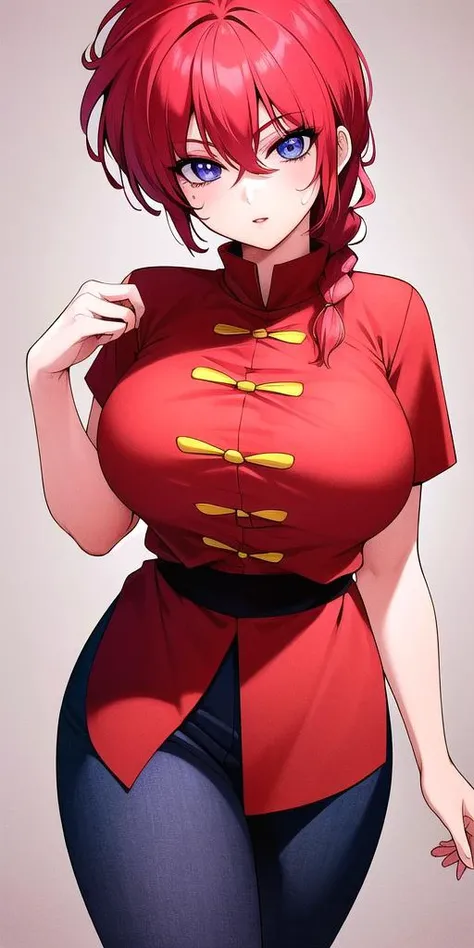 <lora:RanmaChanV2:0.7>, RanmaChan, standing, solo, large_breasts, single_braid, RanmaRedShirt, masterpiece, best quality, detailed face, detailed eyes, highres,