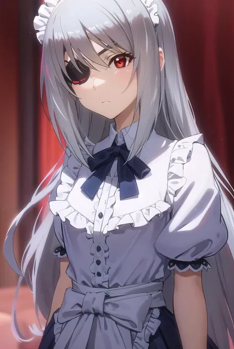 laurabodewig, <lora:laura bodewig s2-lora-nochekaiser:1>,
laura bodewig, long hair, (red eyes:1.3), grey hair, eyepatch,
BREAK maid, maid headdress, frils, juliet sleeves, puffy sleeves,
BREAK indoors, classroom,
BREAK looking at viewer, (cowboy shot:1.5),
BREAK <lyco:GoodHands-beta2:1>, (masterpiece:1.2), best quality, high resolution, unity 8k wallpaper, (illustration:0.8), (beautiful detailed eyes:1.6), extremely detailed face, perfect lighting, extremely detailed CG, (perfect hands, perfect anatomy),