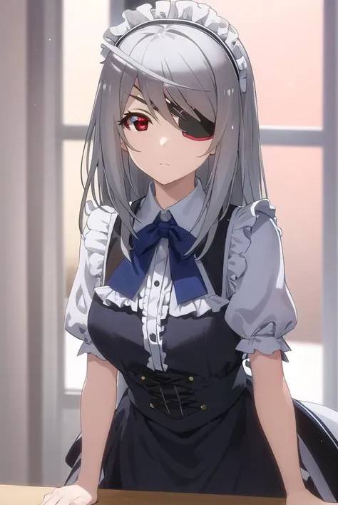 laurabodewig, <lora:laura bodewig s2-lora-nochekaiser:1>,
laura bodewig, long hair, (red eyes:1.3), grey hair, eyepatch,
BREAK maid, maid headdress, frils, juliet sleeves, puffy sleeves,
BREAK indoors, classroom,
BREAK looking at viewer, (cowboy shot:1.5),
BREAK <lyco:GoodHands-beta2:1>, (masterpiece:1.2), best quality, high resolution, unity 8k wallpaper, (illustration:0.8), (beautiful detailed eyes:1.6), extremely detailed face, perfect lighting, extremely detailed CG, (perfect hands, perfect anatomy),