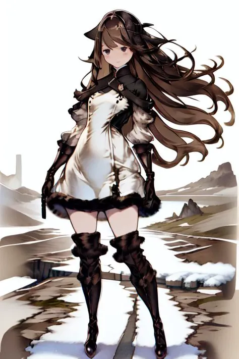 Bravely Default Style, 1girl, solo, long hair, simple background, brown hair, gloves, white background, dress, brown eyes, standing, full body, hairband, boots, black gloves, elbow gloves, black footwear, white dress, fur trim, capelet, knee boots, legs apart, 
 <lora:BravelyDefault:1>