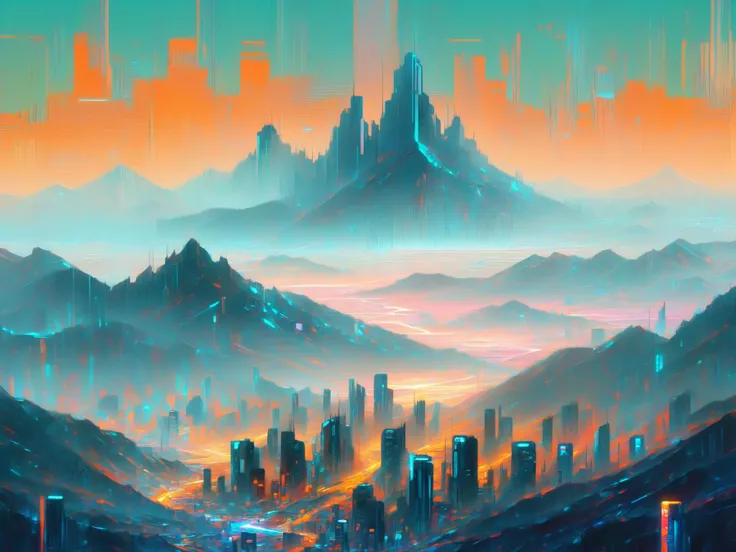 cityscape, mountains, mad-cybrpnkimprss, cyberpunk, impressionism, (masterpiece:1.2), best quality, (hyperdetailed, highest detailed:1.2), high resolution textures