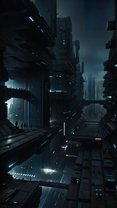 wallpaper,cinematic shot,futuristic dark megacity, dark endless horizon,Kyotopunk,black and blue themed,very low brightness <lora:Blade_Runner_2049_Loha:0.68> <lora:Brutalism:.68> brutalism <lora:cliffbuilding_XL:0.68> <lora:add-detail-xl:1.63> <lora:Neon_Cyberpunk_Impressionism_SDXL:0.36> <lora:Sci-fi_Environments_sdxl:0.7>