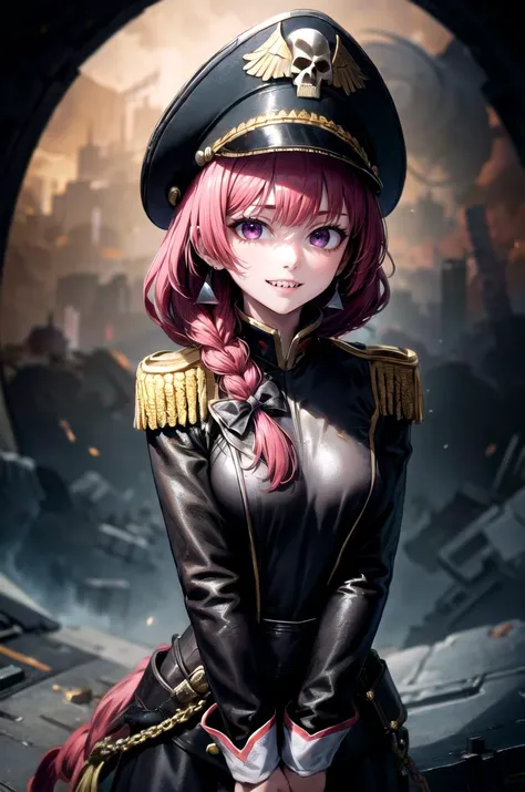 (masterpiece, best quality, detailed), 1girl, solo, looking at viewer, aakikuri, long hair, single braid, hair bow, hair over shoulder, purple eyes, sharp teeth, medium breasts,
<lora:edgWar40kCommissarv1:0.85>, edgCommissar, millitary uniform, epaulettes, skull emblem, hat, wearing edgCommissar, cockpit, science fiction, (space, spacecraft:0.8), fisheye, <lora:breasts_squeezed_together_v0.2:1> (breasts squeezed together, v arms), evil smile