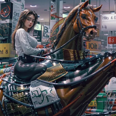 (8k, RAW photo, best quality, masterpiece:1.2), (realistic, photo-realistic:1.4), (extremely detailed CG unity 8k wallpaper), 1 girl, (sitting on horse:1.4), long hair, spread legs, white shirt, black pants, beautiful face, (two legs) <lora:add_detail:1.0>, <lora:JenniferConelly_CareerOpportunities_smf_lora_v01:1.2> j3n2i773r50-smf, looking at you, <lora:breasts_squeezed_together_v0.2:1> breasts squeezed together, holding reins, , background blur