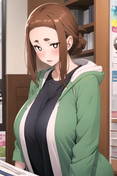 1girl, ogawa sumireko, white pupils, solo, hair up, black shirt, hood, green jacket, long sleeves, upper body, bookstore, indoors, depth of field, <lora:Milf:0.5> huge breasts, milf, mature female,   <lora:breasts_squeezed_together_v0.2:0.8> breasts squeezed together, v arms, looking at viewer, embarrassed, blush