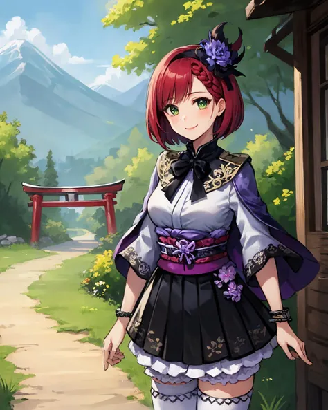 best quality, (masterpiece:1.2), illustration, absurdres,
(1girl, solo), (beautiful detailed girl), cowboy shot,
<lora:GraciaSW3-08:0.8>, Gracia Hosokawa, red hair, short hair, (large hair ornament), green eyes, small breasts,
purple and black shirt, ornate shirt, purple sleeves, black skirt, ornate skirt, bloomers, purple capelet, (white thighhighs:1.1), ornate black boots, purple bracelet,
grassy mountains, trees, japanese architecture, river, plants,
smile, looking at viewer,
((standing))