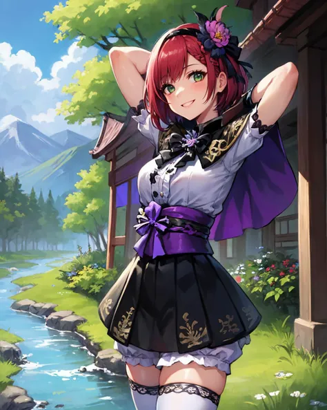best quality, (masterpiece:1.2), illustration, absurdres,
(1girl, solo), (beautiful detailed girl), cowboy shot,
<lora:GraciaSW3-08:0.8>, Gracia Hosokawa, red hair, short hair, (large hair ornament), green eyes, small breasts,
purple and black shirt, ornate shirt, purple sleeves, black skirt, ornate skirt, bloomers, purple capelet, (white thighhighs:1.1), ornate black boots, purple bracelet,
grassy mountains, trees, japanese architecture, river, plants,
smile, looking at viewer,
((arms behind head))