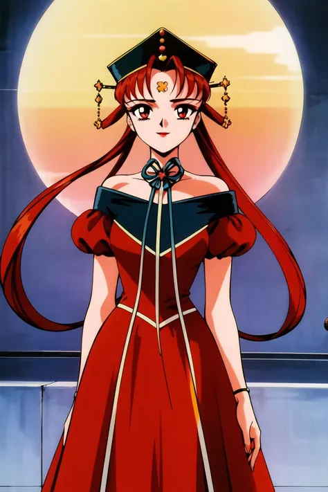 masterpiece,best quality,highres,<lora:Princess Kakyuu:0.6>,Princess Kakyuu,1990s \(style\),makeup,1girl,red hair,retro artstyle,solo,aqua ribbon,hair rings,hat,looking at viewer,red eyes,dress,forehead mark,cowboy shot,street,outdoors,