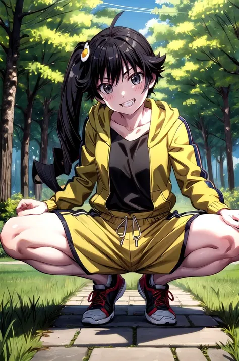 (masterpiece, best quality, detailed), 1girl, solo, araragikaren, long hair, side ponytail, jacket, ahoge, shorts, hood, hoodie, track jacket, yellow shorts, hooded track jacket, egg hair ornament, black shirt, squatting, spread legs, grin, head tilt, outdoors, forest, nature, grass, tree, night, flower, leaf