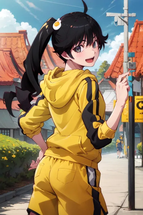 1girl, solo, looking at viewer, araragikaren,long hair, side ponytail, smile, open mouth, jacket, ahoge, shorts, hood, hoodie, track jacket, yellow shorts, hooded track jacket, egg hair ornament, black shirt,
outside, city, houses, cowboy shot, daylight, from back,
<lora:araragi-karen-08:0.9>