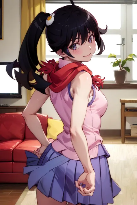 ((Katsuragi Castle_Misato)), Sailor suit,Miniskirt Photo shoot in apartment, Moderate_chest, Purple Hair,blush、 (analog quality:0.6), (Film Grain:0.8),Skirt lifted、Panty shot、Cute ass、Cute Panties、Backwards、look back