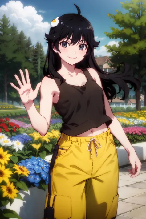 1girl, solo,  araragikaren, long hair,  ahoge, yellow pants,  short pants, black tank top, egg hair ornament.
garden, flowers, trees,  cowboy shot, smile, night, waving,
<lora:araragi-karen-08:0.9>