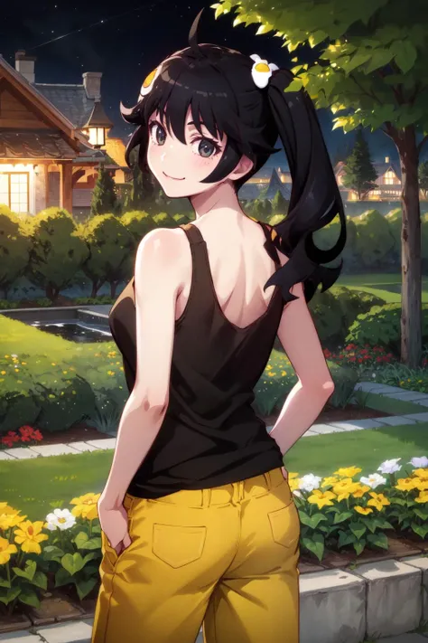 1girl, solo, araragikaren, long hair, side ponytail, ahoge, yellow pants, short pants, black tank top, egg hair ornament.
garden, flowers, trees, cowboy shot, smile, night, from back,
<lora:araragi-karen-08:0.9>