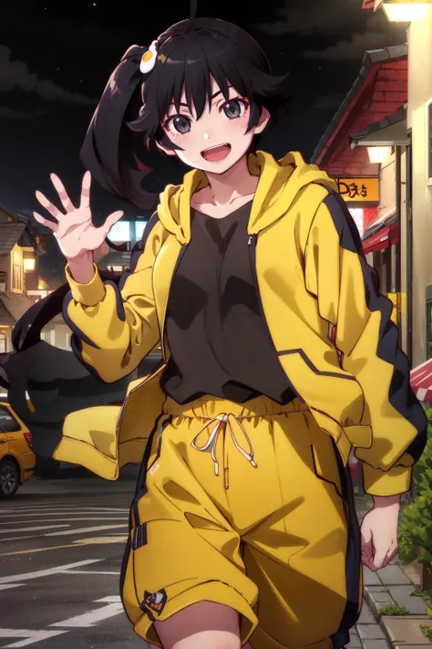 1girl, solo, araragikaren,short hair, side ponytail, smile, open mouth, jacket, ahoge, shorts, hood, hoodie, track jacket, yellow shorts, hooded track jacket, egg hair ornament, black shirt,
outside, city, houses, cowboy shot, night, waving,
<lora:araragi-karen-08:0.9>