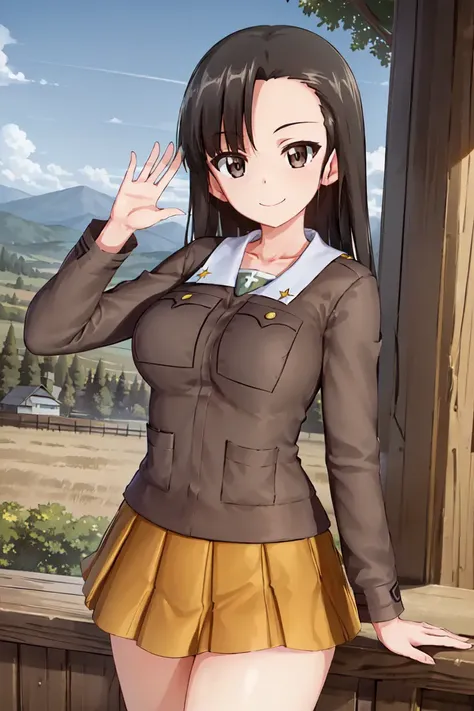 masterpiece, best quality, 1girl, solo, girls und panzer, nishi kinuyo,asymmetrical bangs,large breasts, chi-hatan military uniform,cowboy shot,waving, outdoors,forest, mountain, blue sky <lora:Nishi Kinuyo:0.6>