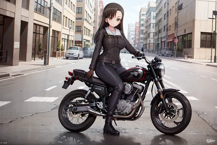 masterpiece, best quality, 1girl, solo, girls und panzer, nishi kinuyo,asymmetrical bangs, large breasts, (black leather jacket, pants, brown gloves:1.2), motorcycle, outdoors, street <lora:Nishi Kinuyo:0.6>