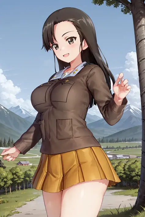 masterpiece, best quality, 1girl, solo, girls und panzer, nishi kinuyo,asymmetrical bangs,large breasts, chi-hatan military uniform, cowboy shot,dynamic pose, outdoors,forest, mountain, blue sky <lora:Nishi Kinuyo:0.6>