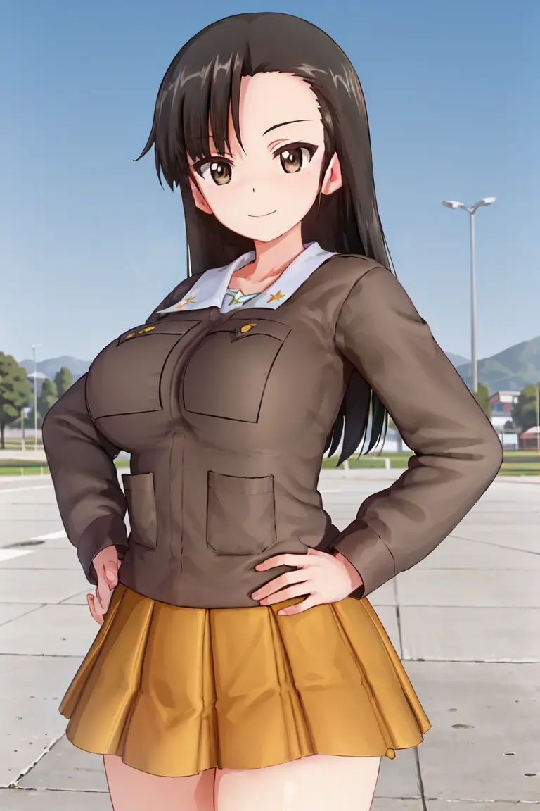 masterpiece, best quality, 1girl, solo, girls und panzer,nishi kinuyo, large breasts,asymmetrical bangs, chi-hatan military uniform, brown jacket, yellow skirt, hand on hip, cowboy shot,outdoors, blue sky <lora:Nishi Kinuyo:0.7>