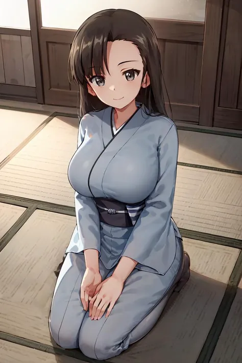 masterpiece, best quality, 1girl, solo, girls und panzer, nishi kinuyo,asymmetrical bangs,large breasts,(grey kimono:1.2),seiza, looking at viewer, indoors, japanese room, tatami <lora:Nishi Kinuyo:0.6>