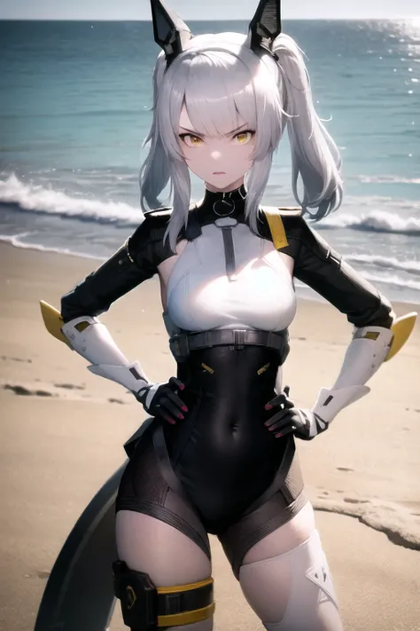 absurdres, 1girl,beautiful yellow eyes, black tail thin as a cable and lifted up, angry, dress, HDR,
upperbody, standing, hand on hip, ditaled hands,
beach, sun weather, rainbow <lora:karenina:0.8>,