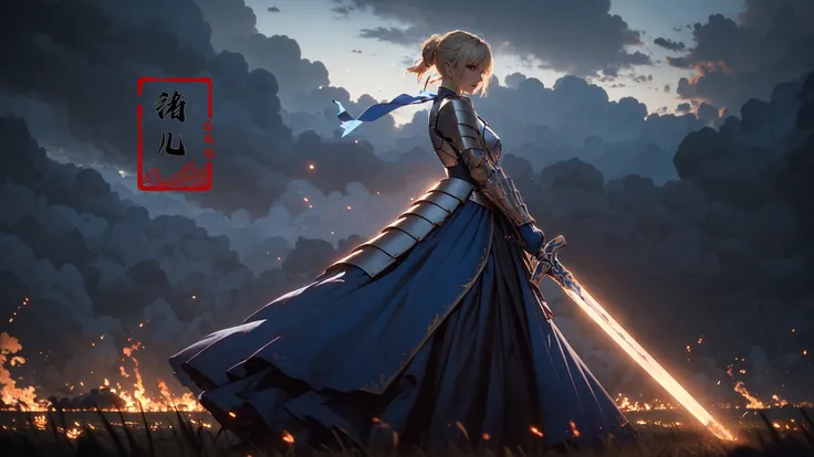 Epic CG masterpiece, hdr,dtm, full ha,8K, ultra detailed graphic tension, dynamic poses, stunning colors, 3D rendering, surrealism, cinematic lighting effects, realism, 00 renderer, super realistic, full - body photos, super vista, super wide Angle, HD(solo focus:1.7)Castle background,
Saber1girl, In hand huge flame great swordBlue dressBlue capeBlue bowgorgeous armorplatinum blonde hair
A shot with tension(sky glows red,Visual impact,giving the poster a dynamic and visually striking appearance:1.2),
<lora:~Q?-Saber:0.8>