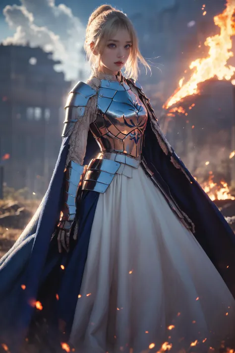 (Best Quality, Masterpiece:1.4), (Realism:1.2), (Realisitc:1.2), (Absurdres:1.2), (photorealistic:1.3), 1 girl,Realistic Skin,Solo,( Very Big Eyes,beautiful detailed eyes, symmetric eyes,), <lora:Saber_20231205134945:0.8>Epic CG masterpiece, hdr,dtm, full ha,8K, ultra detailed graphic tension, dynamic poses, stunning colors, 3D rendering, surrealism, cinematic lighting effects, realism, 00 renderer, super realistic, full - body photos, super vista, super wide Angle, HD(solo focus:1.7)Castle background, Saber1girl, In hand huge flame great swordBlue dressBlue capeBlue bowgorgeous armorplatinum blonde hair A shot with tension(sky glows red,Visual impact,giving the poster a dynamic and visually striking appearance:1.2),