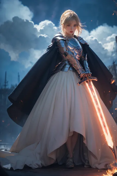 (Best Quality, Masterpiece:1.4), (Realism:1.2), (Realisitc:1.2), (Absurdres:1.2), (photorealistic:1.3), 1 girl,Realistic Skin,Solo,( Very Big Eyes,beautiful detailed eyes, symmetric eyes,), <lora:Saber_20231205134945:0.8>Epic CG masterpiece, hdr,dtm, full ha,8K, ultra detailed graphic tension, dynamic poses, stunning colors, 3D rendering, surrealism, cinematic lighting effects, realism, 00 renderer, super realistic, full - body photos, super vista, super wide Angle, HD(solo focus:1.7)Castle background, Saber1girl, In hand huge flame great swordBlue dressBlue capeBlue bowgorgeous armorplatinum blonde hair A shot with tension(sky glows red,Visual impact,giving the poster a dynamic and visually striking appearance:1.2),