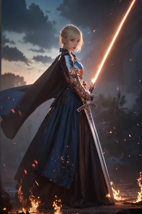 (Best Quality, Masterpiece:1.4), (Realism:1.2), (Realisitc:1.2), (Absurdres:1.2), (photorealistic:1.3), 1 girl,Realistic Skin,Solo,( Very Big Eyes,beautiful detailed eyes, symmetric eyes,), <lora:Saber_20231205134945:0.8>Epic CG masterpiece, hdr,dtm, full ha,8K, ultra detailed graphic tension, dynamic poses, stunning colors, 3D rendering, surrealism, cinematic lighting effects, realism, 00 renderer, super realistic, full - body photos, super vista, super wide Angle, HD(solo focus:1.7)Castle background, Saber1girl, In hand huge flame great swordBlue dressBlue capeBlue bowgorgeous armorplatinum blonde hair A shot with tension(sky glows red,Visual impact,giving the poster a dynamic and visually striking appearance:1.2),
