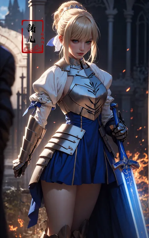 Epic CG masterpiece, hdr,dtm, full ha,8K, ultra detailed graphic tension, dynamic poses, stunning colors, 3D rendering, surrealism, cinematic lighting effects, realism, 00 renderer, super realistic, full - body photos, super vista, super wide Angle, HD(solo focus:1.7)Castle background,
Saber1girl, In hand huge flame great swordBlue dressBlue capeBlue bowgorgeous armorplatinum blonde hair
A shot with tension(sky glows red,Visual impact,giving the poster a dynamic and visually striking appearance:1.2),
<lora:~Q?-Saber:0.8>