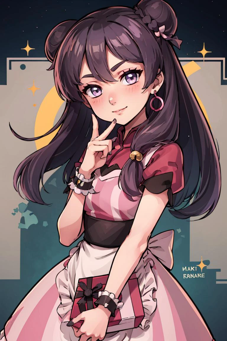 (masterpiece, best quality:1.2), solo, beautiful eyes, <lora:Palentines_2022:0.6>, smile, looking at viewer,
<lora:Shampoo:1>, purple eyes, light purple hair, hair bun, bell, double bun, long hair, sidelocks, shampoo (ranma 1/2),
blush, box, closed mouth, commentary request, creatures (company), dress, earrings, eyelashes, game freak, gift, gift box, holding, holding gift, jewelry, looking at viewer, nail polish, nintendo, pink dress, red shirt, shirt, short sleeves, waist apron, wrist cuffs