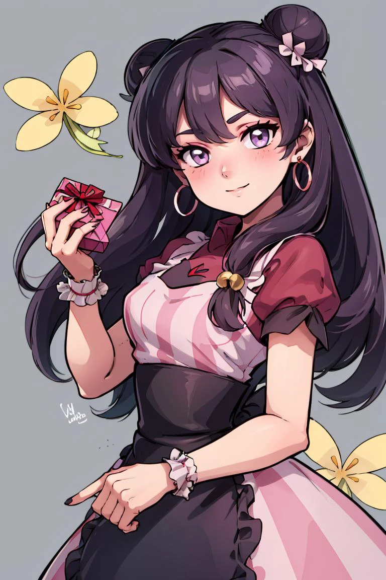 (masterpiece, best quality:1.2), solo, beautiful eyes, <lora:Palentines_2022:0.6>, smile, looking at viewer,
<lora:Shampoo:1>, purple eyes, light purple hair, hair bun, bell, double bun, long hair, sidelocks, shampoo (ranma 1/2),
blush, box, closed mouth, commentary request, creatures (company), dress, earrings, eyelashes, game freak, gift, gift box, holding, holding gift, jewelry, looking at viewer, nail polish, nintendo, pink dress, red shirt, shirt, short sleeves, waist apron, wrist cuffs