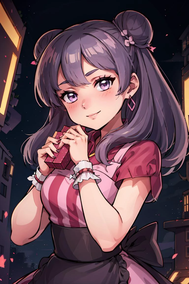 (masterpiece, best quality:1.2), solo, beautiful eyes, <lora:Palentines_2022:0.6>, smile, looking at viewer,
<lora:Shampoo:1>, purple eyes, light purple hair, hair bun, bell, double bun, long hair, sidelocks, shampoo (ranma 1/2),
blush, box, closed mouth, commentary request, creatures (company), dress, earrings, eyelashes, game freak, gift, gift box, holding, holding gift, jewelry, looking at viewer, nail polish, nintendo, pink dress, red shirt, shirt, short sleeves, waist apron, wrist cuffs