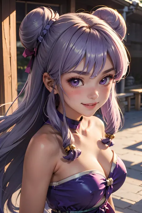 (masterpiece, best quality), 1girl,Icy Platinum Messy Top Knot with Ribbon Tie, Sizes M to Z breasts, <lora:Shampoo:0.8> ShampooDef, purple eyes, purple hair, hair bun, bell, double bun, jingle bell, long hair, breasts, blush, smile, bangs, hair ornament, bow, sidelocks, shampoo (ranma 1/2)